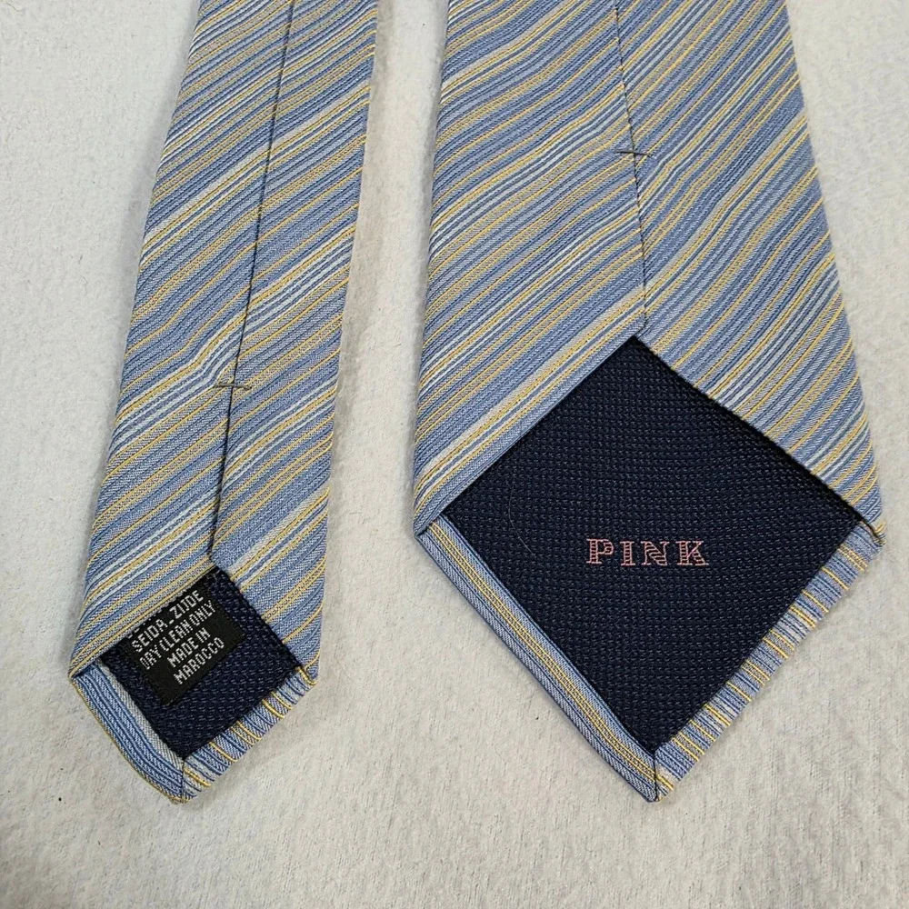 Thomas Pink Jermyn Street London Silk Tie Blue Gold Striped Made in Morocco